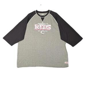 Stitches Mens 2XL Gray Black Cincinnati Reds Raglan Baseball Shirt MLB Tee